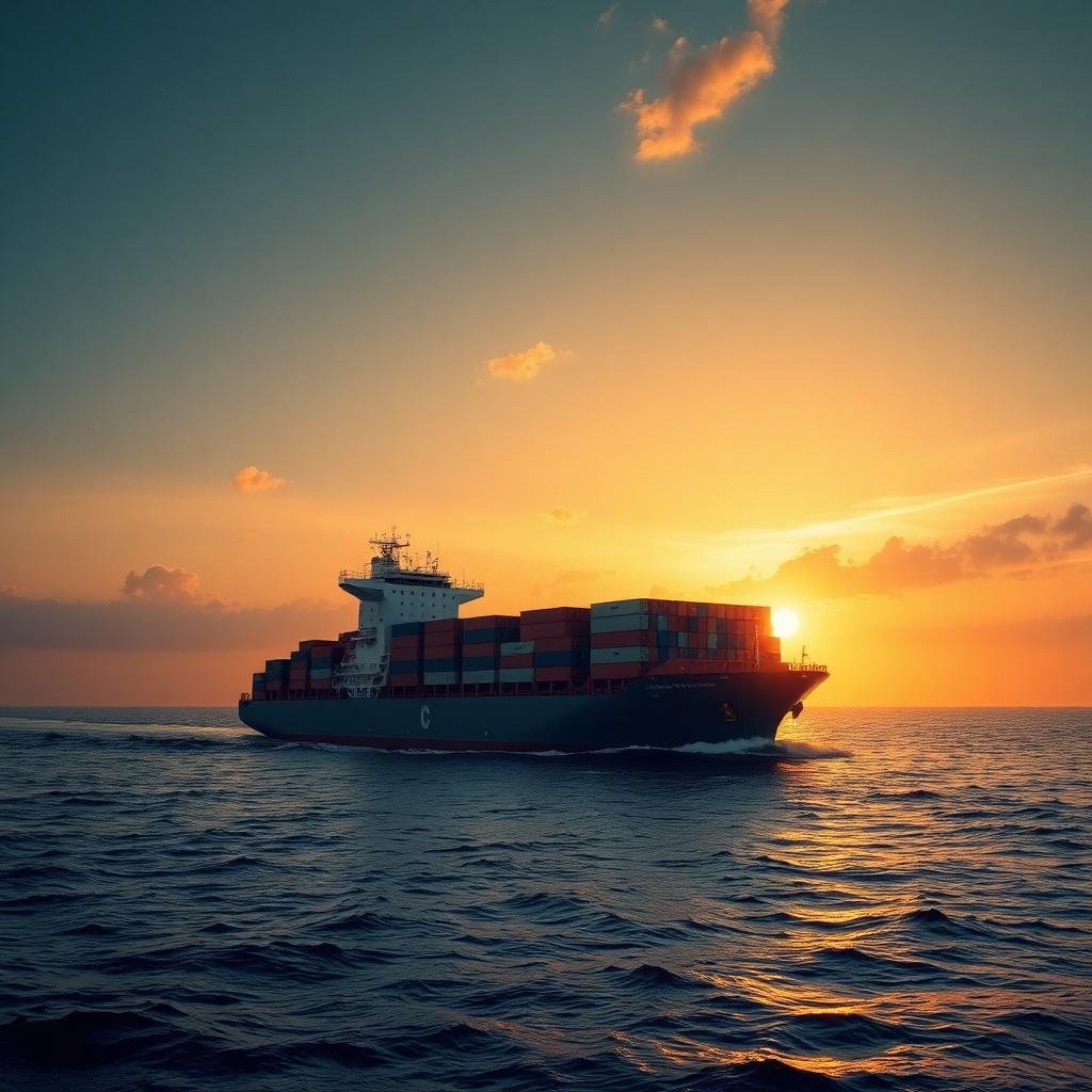 Container ship at sunrise