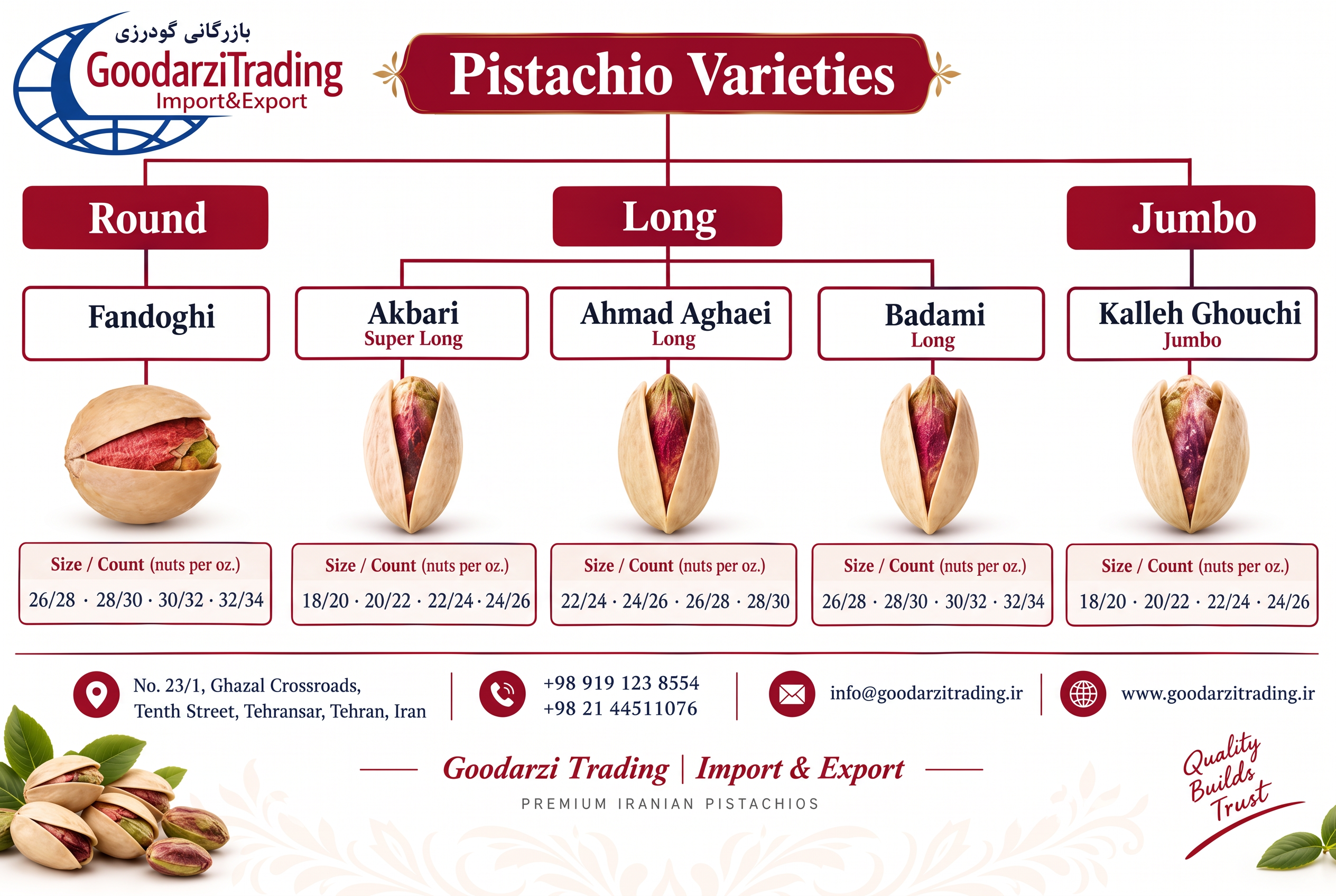Iranian pistachio varieties and size count guide